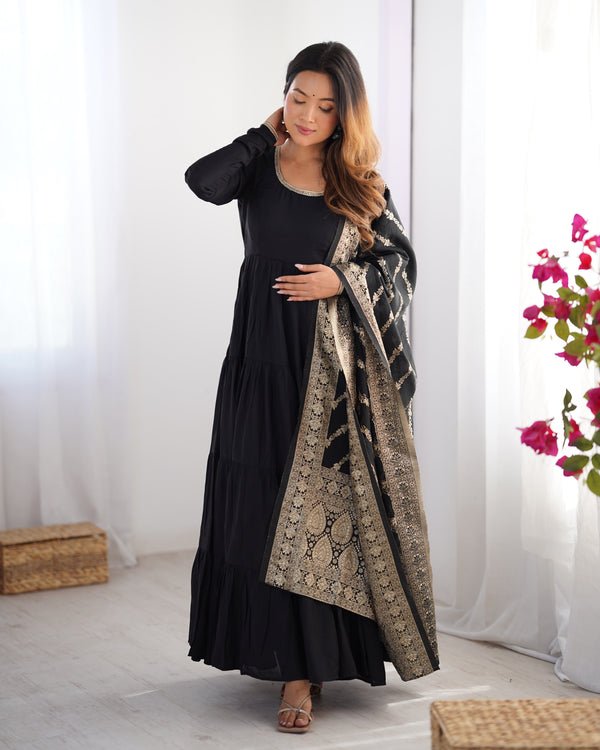 Burgundy Black Pure Soft Roman Silk Kalamkari Anarkali Gown