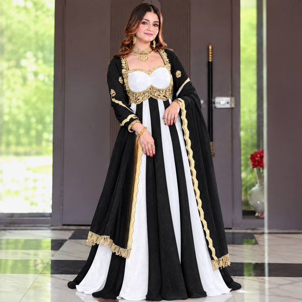 Royal Black & White Embroidered Anarkali Gown with Dupatta