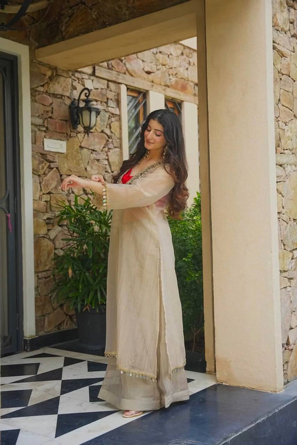 Ivory Anarkali Kurta Palazzo Set with Embroidered Neckline