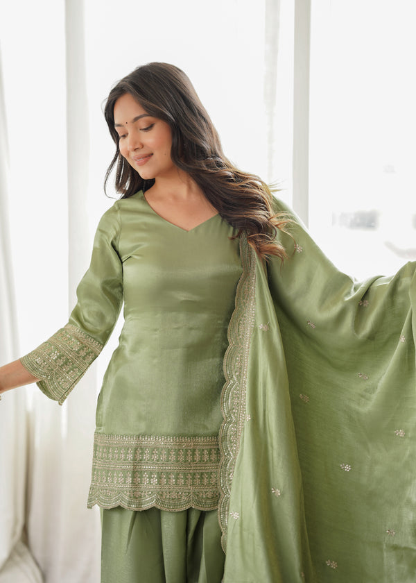Sage Green Embroidered Kurta Set with Dupatta & Patiala Pants