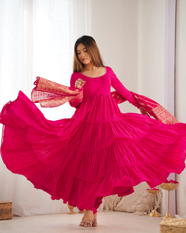 Burgundy Pink Pure Soft Roman Silk Kalamkari Anarkali Gown