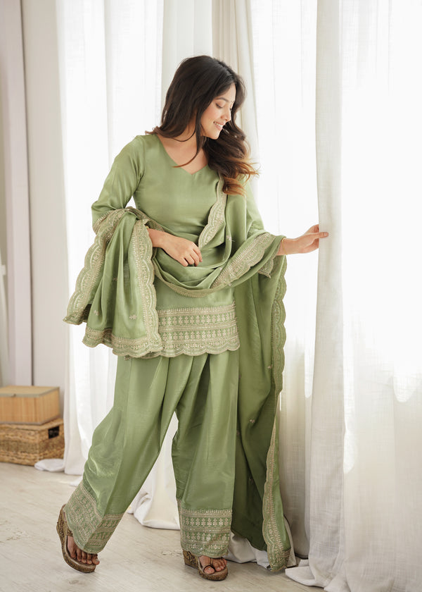 Sage Green Embroidered Kurta Set with Dupatta & Patiala Pants