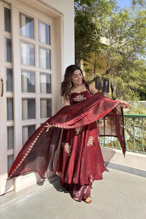 Designer Maroon Embroidered Anarkali Suit Set for Women