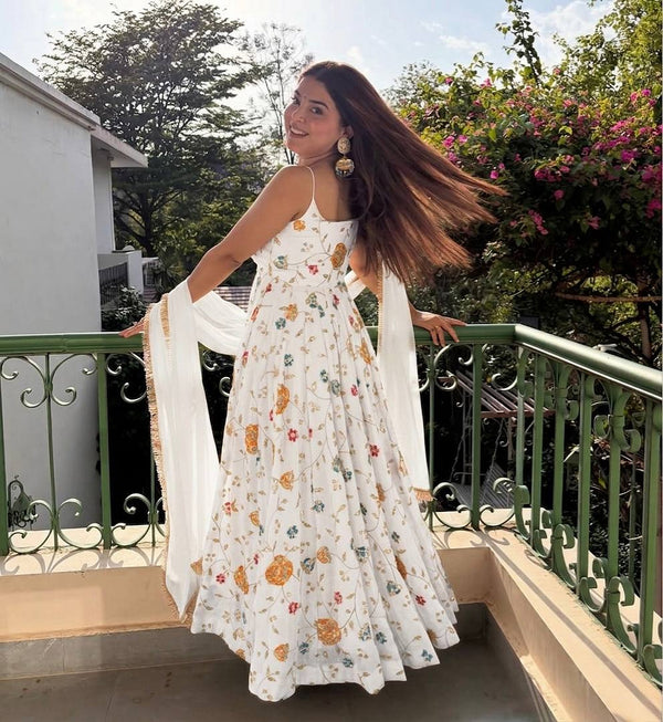 White Premium Anarkali Gown with Elegant Dupatta Set