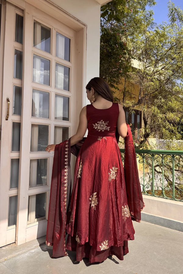 Designer Maroon Embroidered Anarkali Suit Set for Women