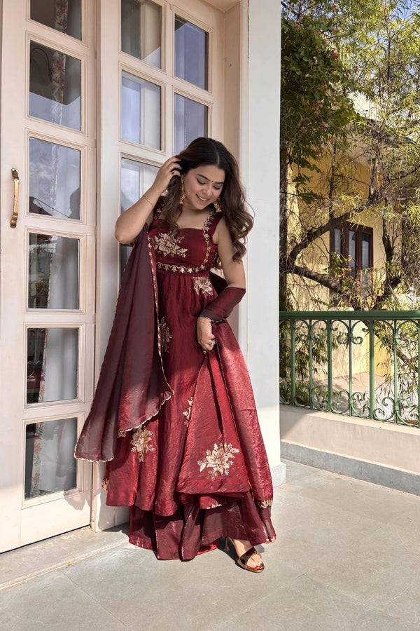 Designer Maroon Embroidered Anarkali Suit Set for Women