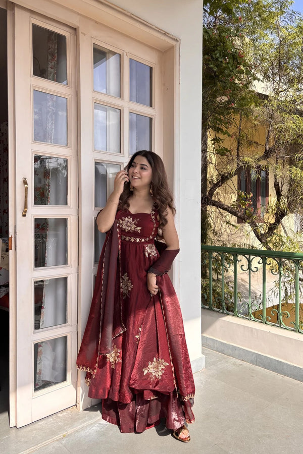 Designer Maroon Embroidered Anarkali Suit Set for Women
