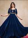 Navy Blue Velvet Embroidered Flared Anarkali Gown