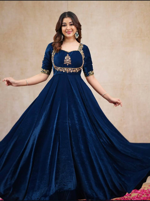 Navy Blue Velvet Embroidered Flared Anarkali Gown