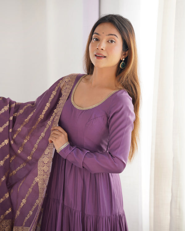 Burgundy Purple Pure Soft Roman Silk Kalamkari Anarkali Gown