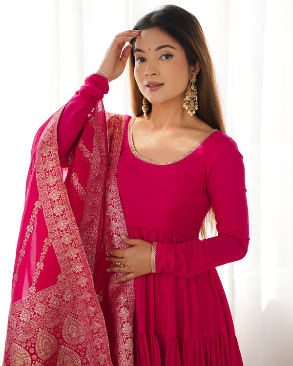 Burgundy Pink Pure Soft Roman Silk Kalamkari Anarkali Gown
