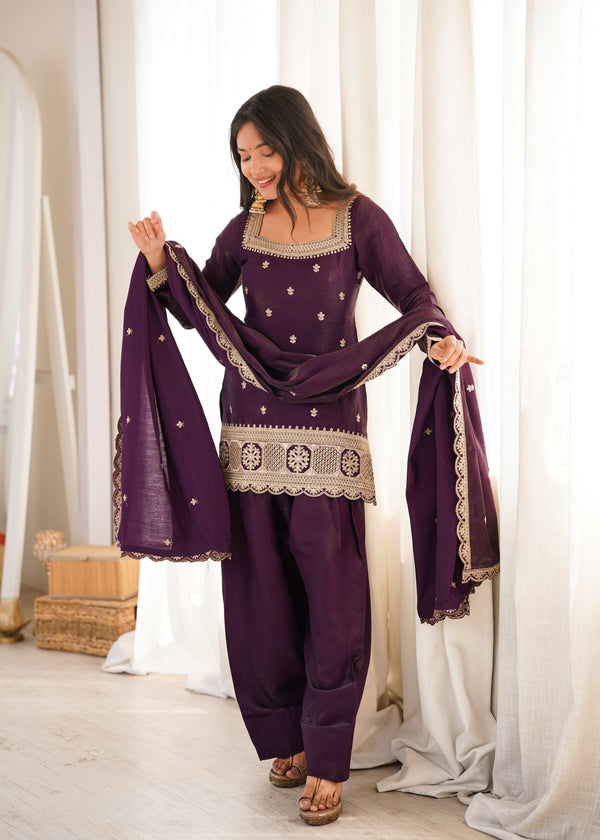 Women's Purple Embroidered Punjabi Suit Set with Dupatta