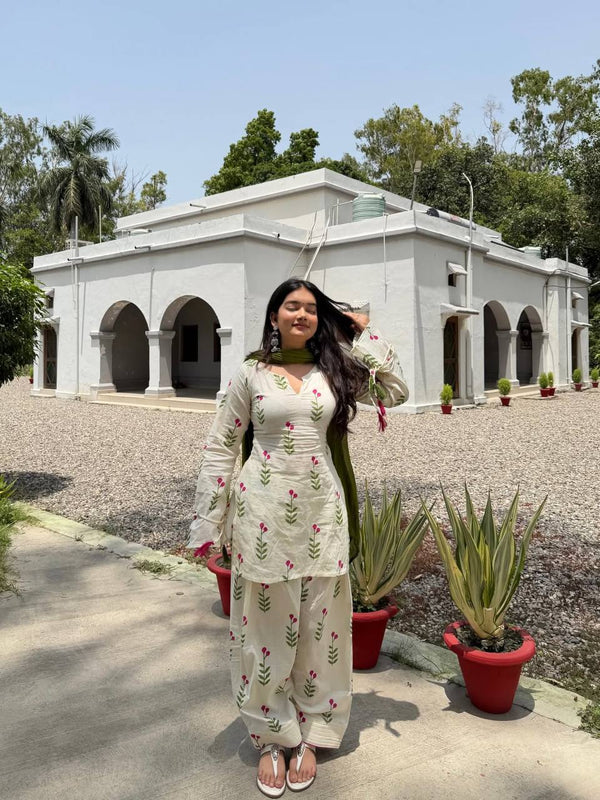 Ivory Floral Kurta Palazzo Set with Olive Green Dupatta
