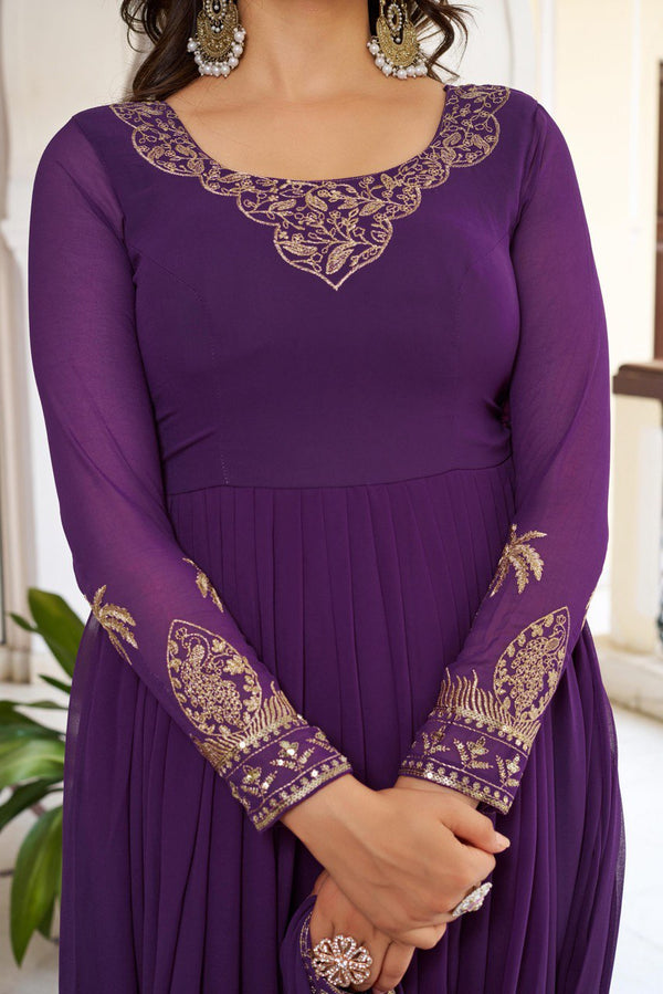 Beach Purple Faux Georgette Embroidered Suit Set