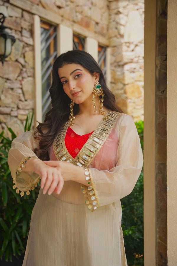 Ivory Anarkali Kurta Palazzo Set with Embroidered Neckline