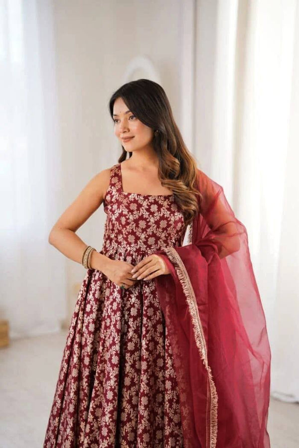 Elegant Maroon Ethnic Anarkali Gown with Dupatta