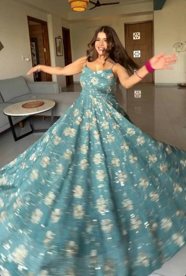 Aqua Blue Floral Sequins Anarkali Suit Set with Dupatta