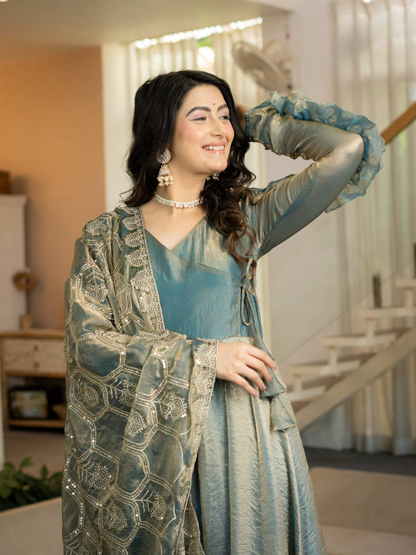 Elegant Ice Blue Embroidered Anarkali Suit Set with Dupatta