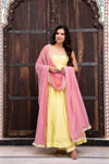 Yellow Anarkali Suit Set with Pink Organza Dupatta Festive & Wedding Wear