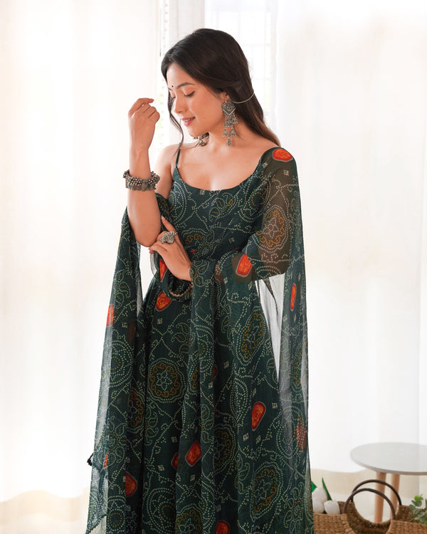 Lizza Green Bandhani Floral Pure Chiffon Anarkali Gown