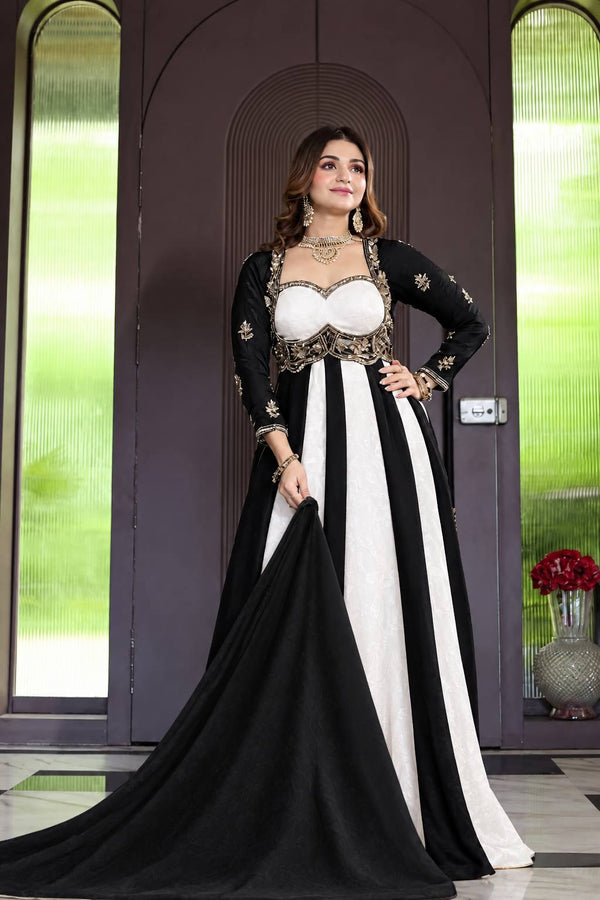 Royal Black & White Embroidered Anarkali Gown with Dupatta