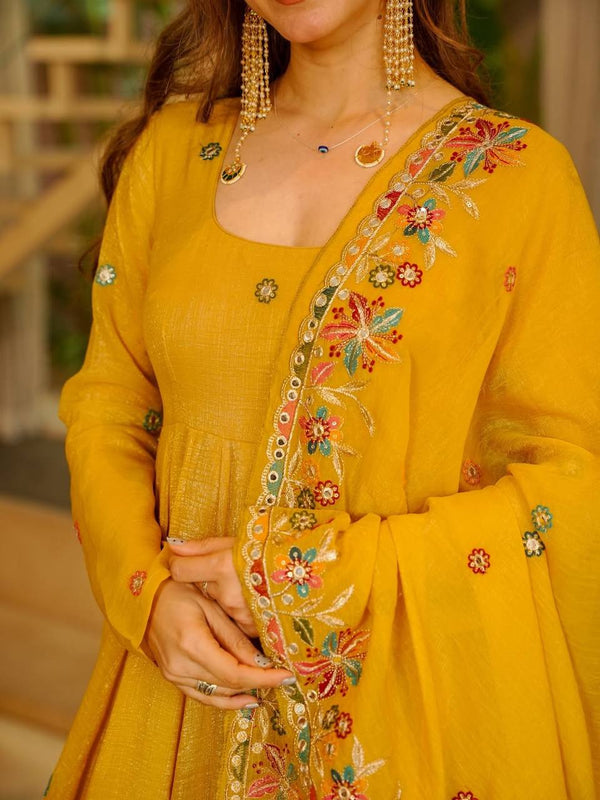 Nilam yellow Embroidered Anarkali Suit Set