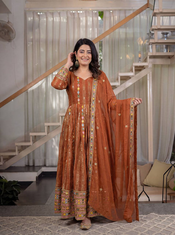 Rust Brown Designer Anarkali Suit with Mirror Work & Dupatta
