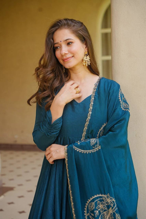 Designer Peacock Teal Embroidered Anarkali Kurta Palazzo Set