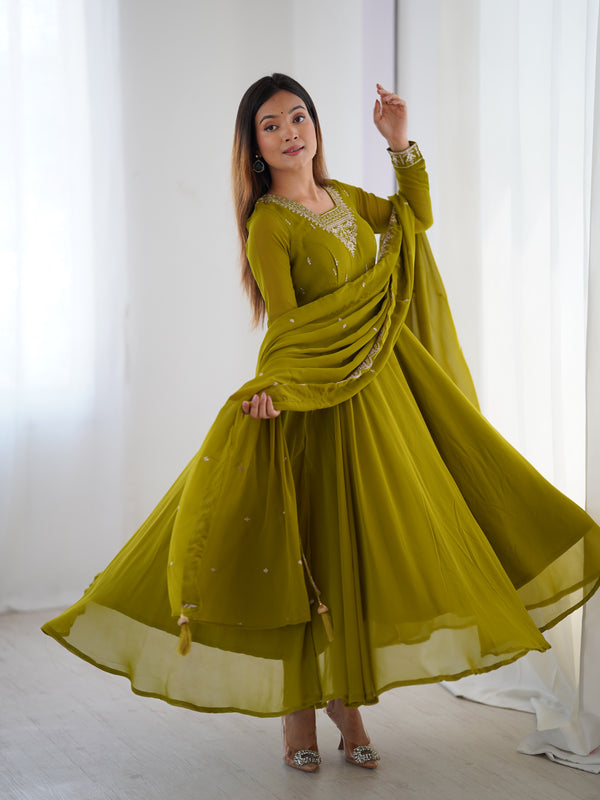 Suri Mahendi Green Embroidery Pure Georgette Anarkali Gown