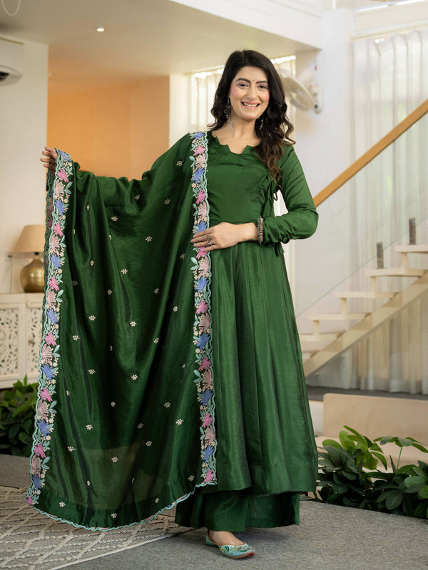 Women’s Dark Green Designer Anarkali Suit Set with Dupatta