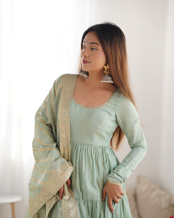 Burgundy Pista Pure Soft Roman Silk Kalamkari Anarkali Gown