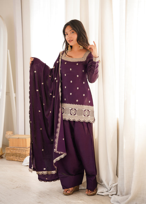 Women's Purple Embroidered Punjabi Suit Set with Dupatta