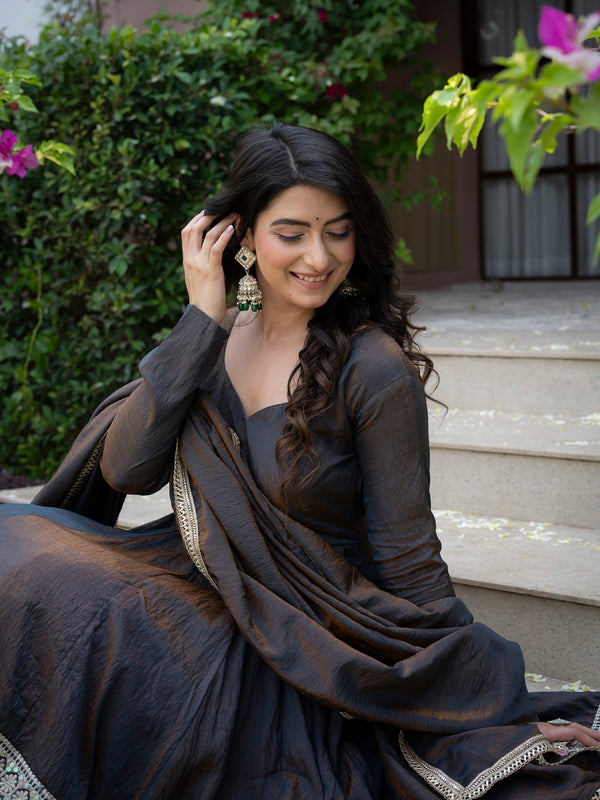 Elegant Charcoal Embroidered Anarkali Suit Set with Dupatta