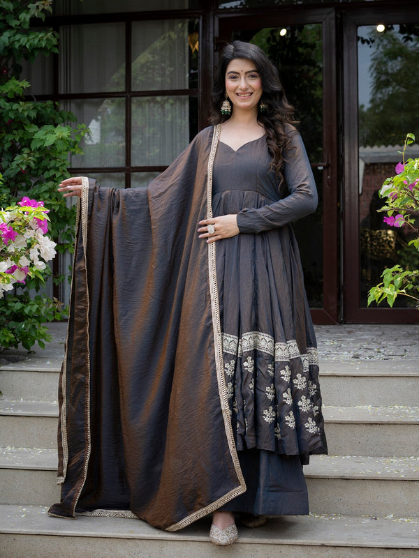 Elegant Charcoal Embroidered Anarkali Suit Set with Dupatta