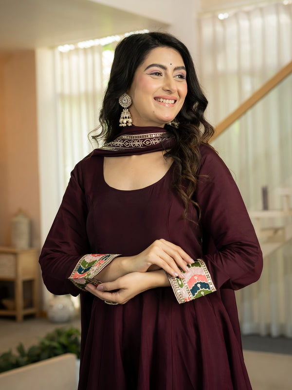 Siya Designer Maroon Embroidered Anarkali Suit Set with Dupatta