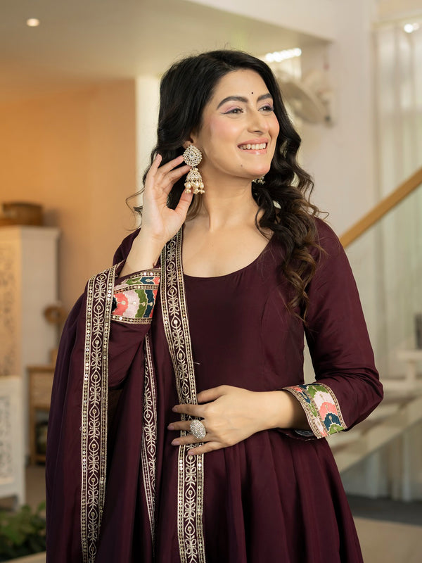 Siya Designer Maroon Embroidered Anarkali Suit Set with Dupatta