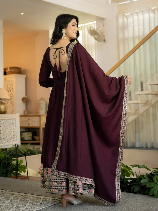 Siya Designer Maroon Embroidered Anarkali Suit Set with Dupatta