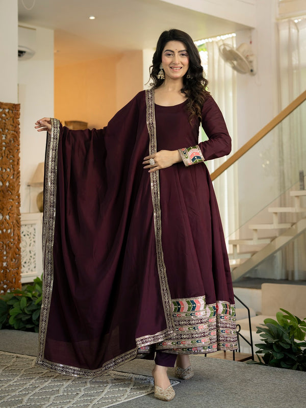 Siya Designer Maroon Embroidered Anarkali Suit Set with Dupatta
