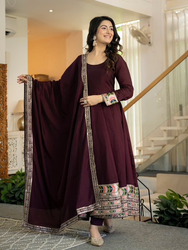 Siya Designer Maroon Embroidered Anarkali Suit Set with Dupatta