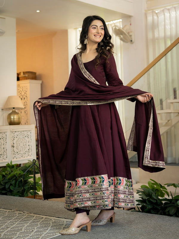 Siya Designer Maroon Embroidered Anarkali Suit Set with Dupatta
