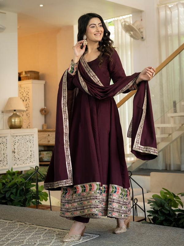 Siya Designer Maroon Embroidered Anarkali Suit Set with Dupatta