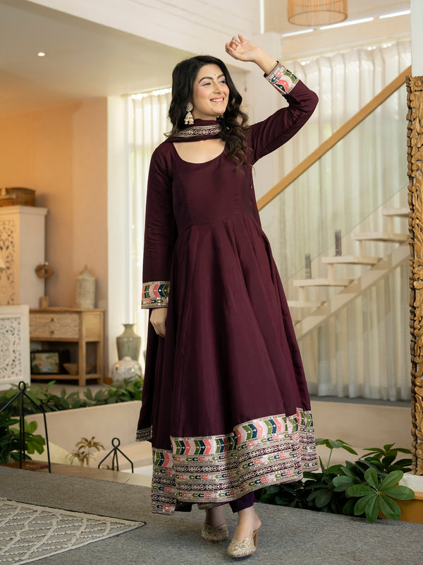 Siya Designer Maroon Embroidered Anarkali Suit Set with Dupatta
