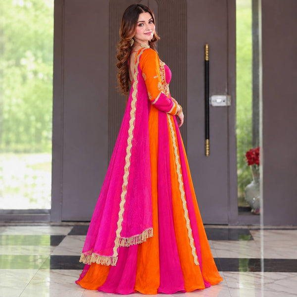 Royal Orange & Pink Embroidered Anarkali Gown with Dupatta
