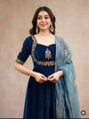 Navy Blue Velvet Embroidered Flared Anarkali Gown