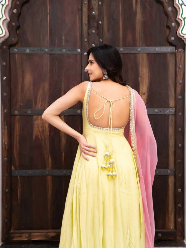Yellow Anarkali Suit Set with Pink Organza Dupatta Festive & Wedding Wear