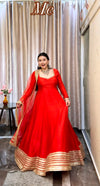 Red Designer Anarkali Suit Set with Embroidered Border & Dupatta