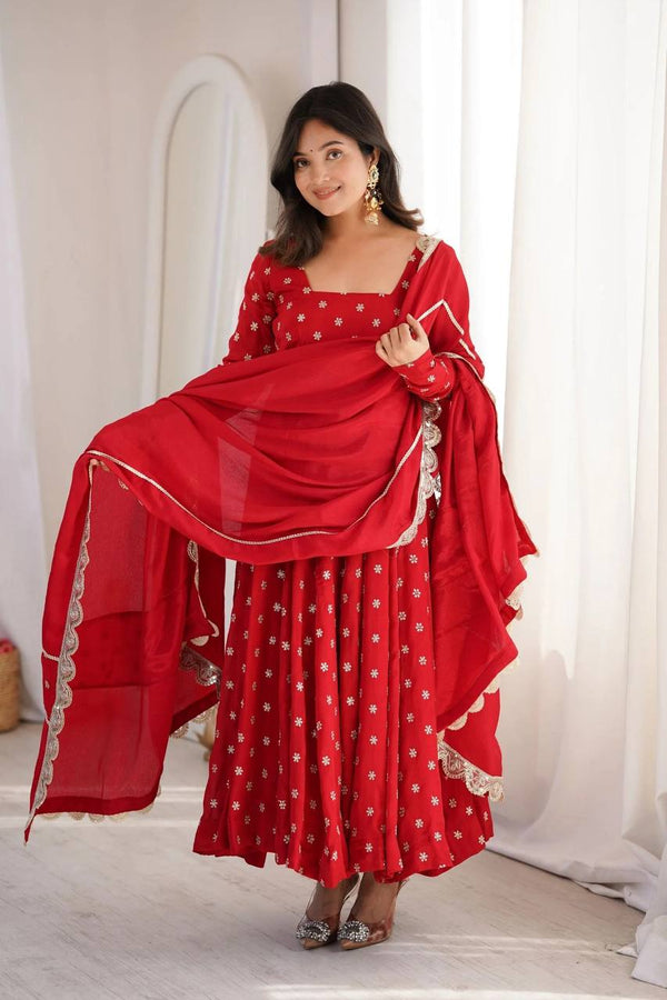 Women's Red Flared Anarkali Suit Set with Embroidered Dupatta