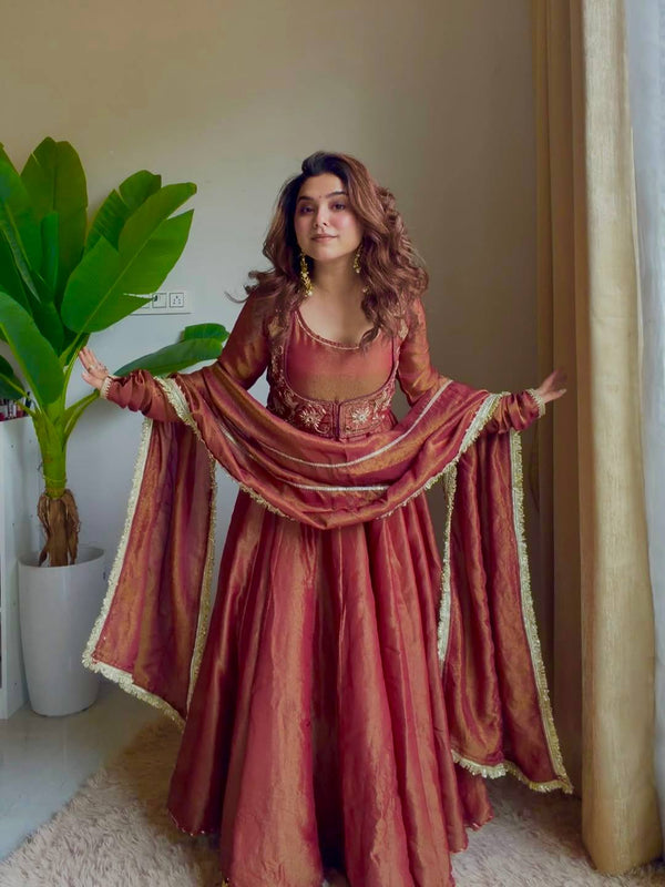 Rust Silk Embroidered Anarkali Suit Set with Dupatta