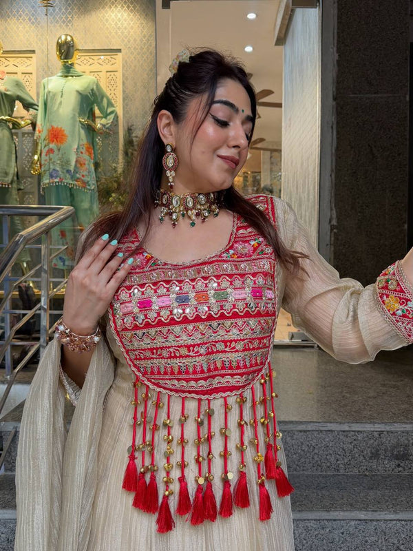 Sage Cream Hand Work Anarkali Suit Set with Dupatta