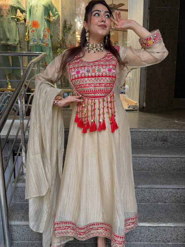 Sage Cream Hand Work Anarkali Suit Set with Dupatta